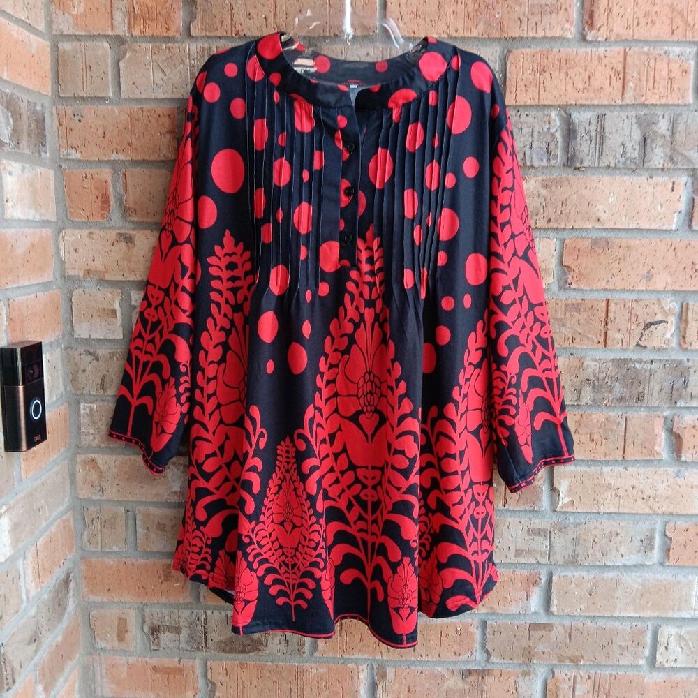 Womens Top Blouse Tunic 3/4 Sleeves Front Pintucks Red Black Size 2XL - Picture 9 of 9